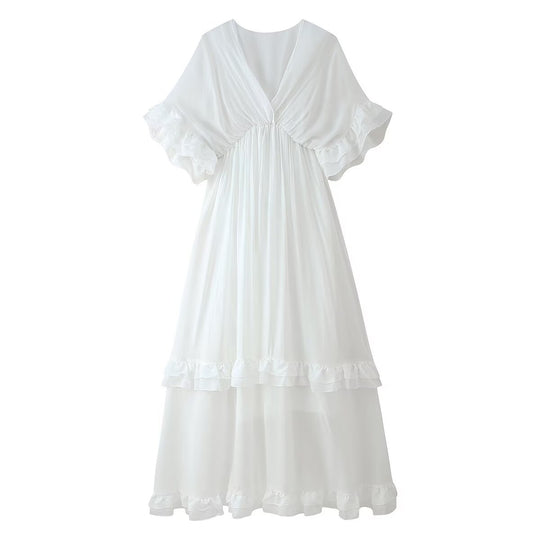 Damen Maxikleid mit voluminösen Rüschendetails und elegantem V-Ausschnitt EB