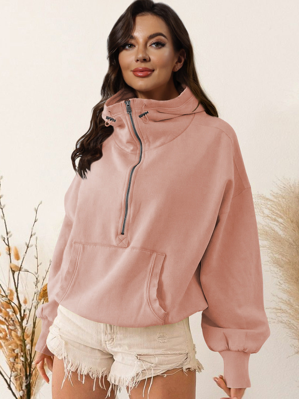 Damen sportlicher Kapuzenpullover mit halbem Reißverschluss und funktionalen Taschen EB