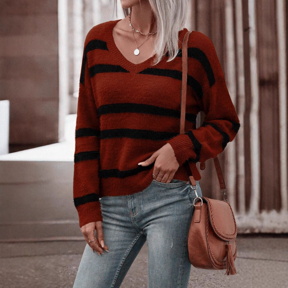 Damen V-Ausschnitt Pullover mit breiten Streifen und kuscheligem Material EB