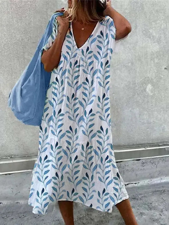Damen lässiges Sommerkleid mit V-Ausschnitt und voluminösem Rock EB
