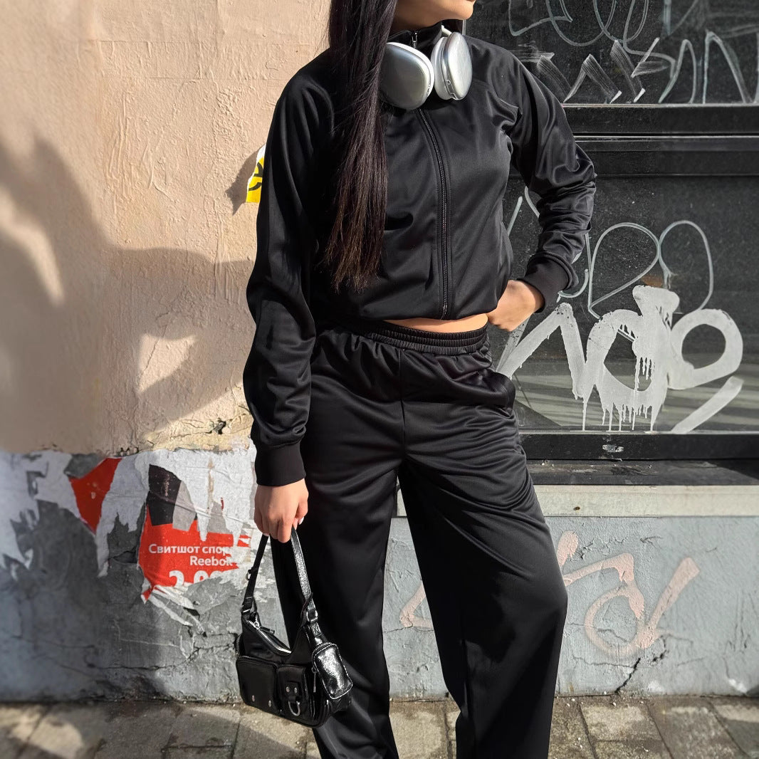Damen Cropped-Trainingsjacke und hochtaillierte Jogginghose Set aus funktionalem Polyester EB