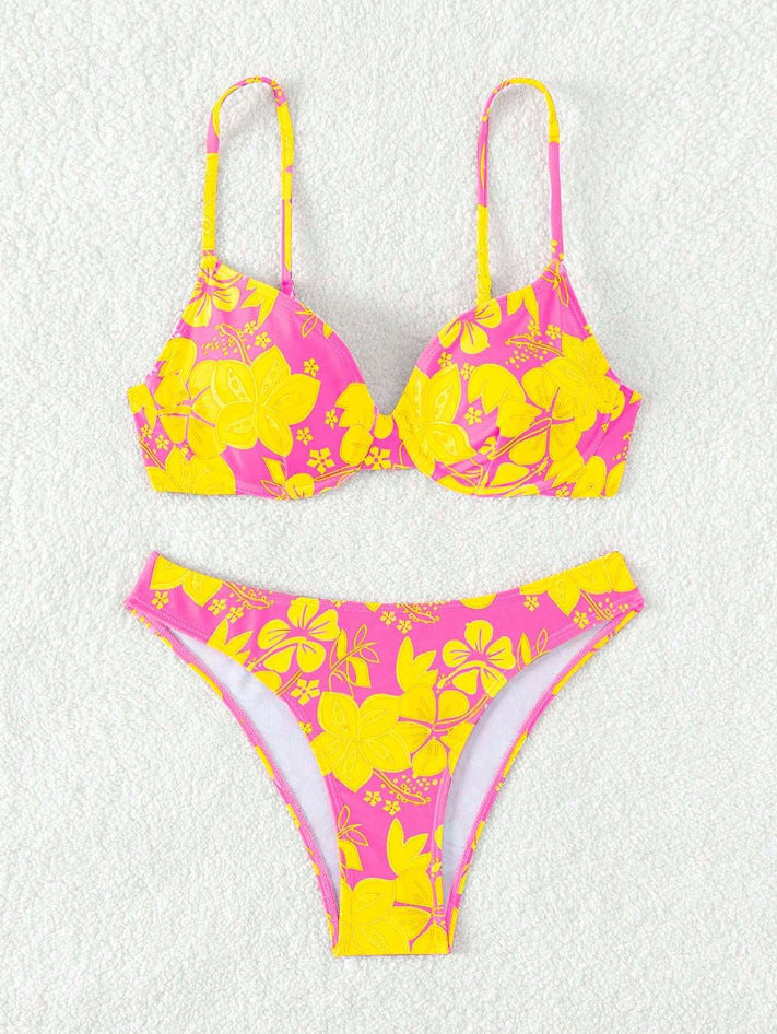 Damen gepolsterter Triangel-Bikini mit floralem Design und verstellbaren Trägern EB