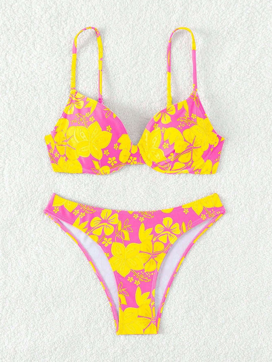 Damen gepolsterter Triangel-Bikini mit floralem Design und verstellbaren Trägern EB