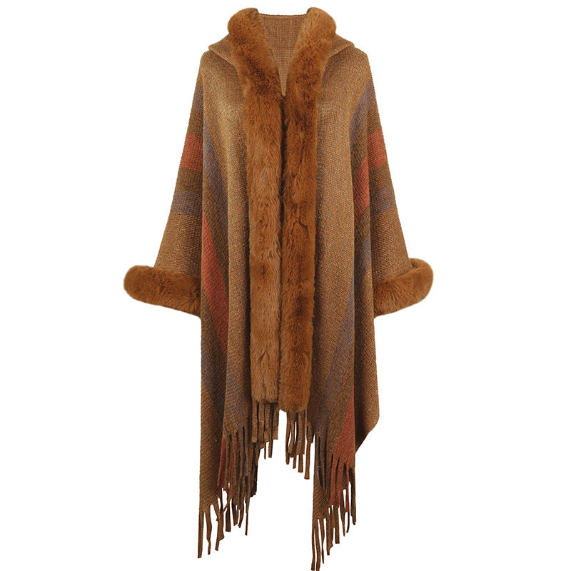 Damen modischer Poncho mit luxuriösem Kunstfellkragen und Fransen EB