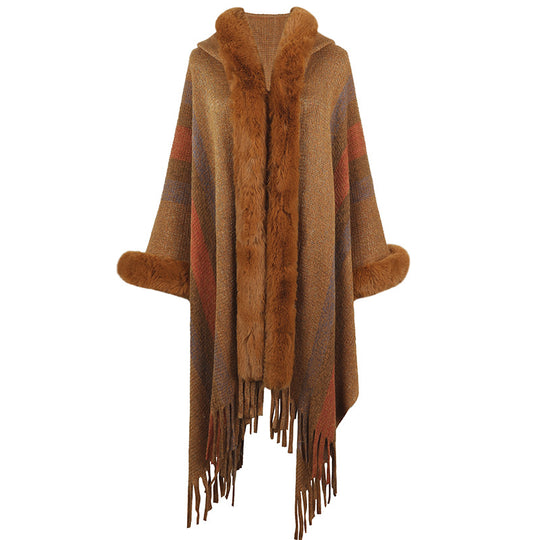 Damen modischer Poncho mit luxuriösem Kunstfellkragen und Fransen EB