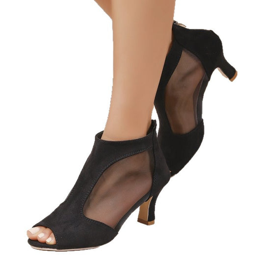 Damen Peeptoe-Stiefeletten mit transparenten Einsätzen und elegantem Blockabsatz EB