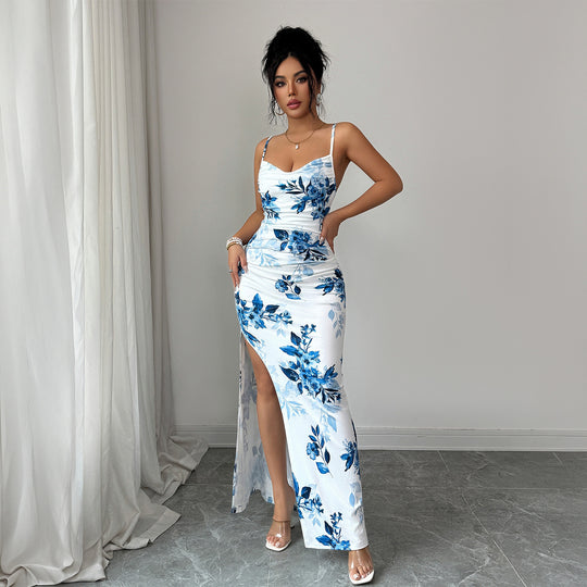 Damen Maxi-Kleid mit seitlichem Schlitz und blumigem Design EB