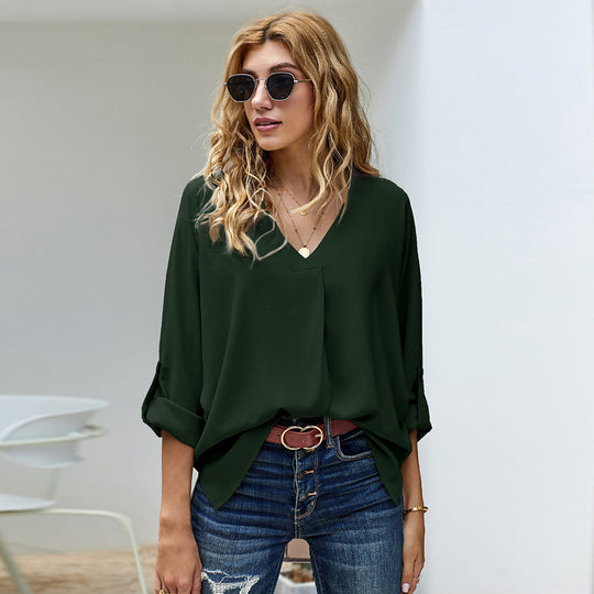 Damen Bluse mit V-Ausschnitt und lässigen langen Ärmeln EB