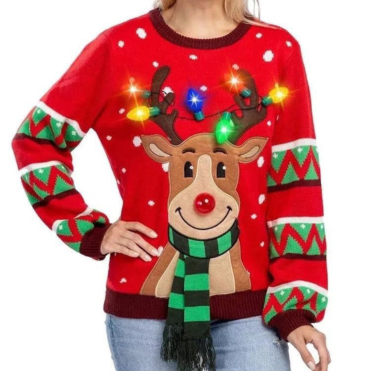 Damen Weihnachtspullover mit leuchtenden Rentier-Motiv EB