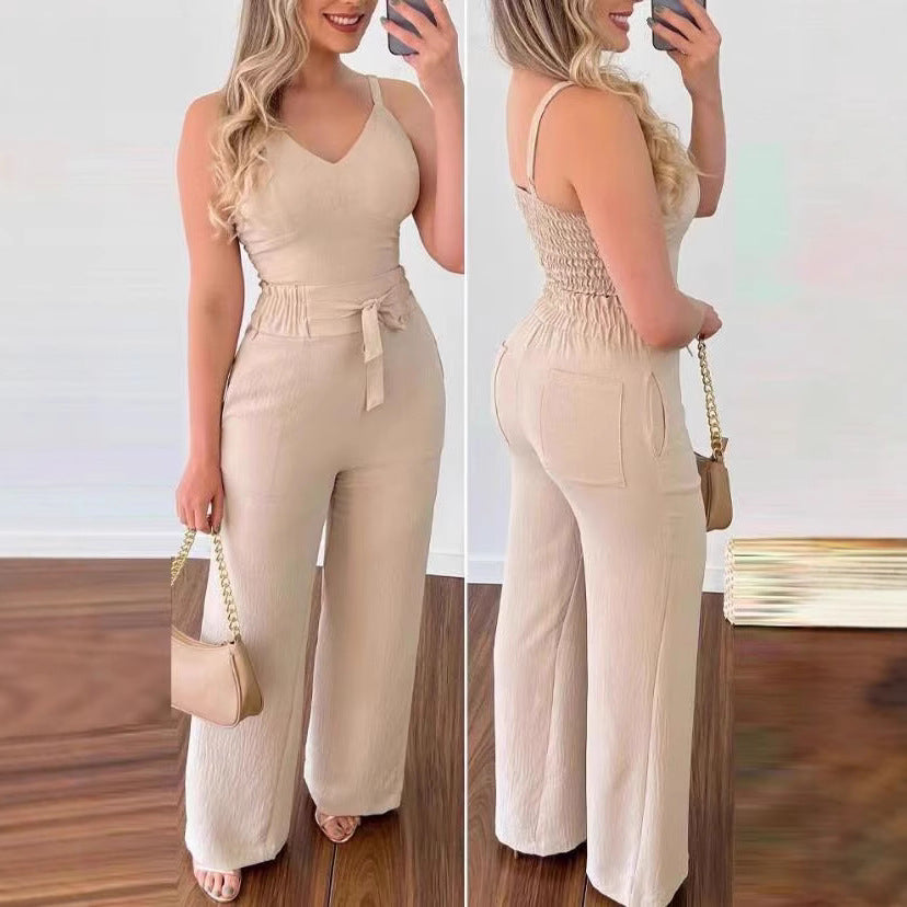 Damen Jumpsuit mit breiten Beinen und Schärpe EB