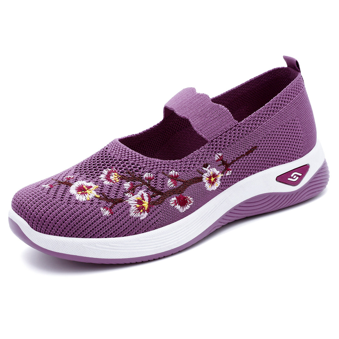 Damen nan bestickter gestrickter Slip-On Sneaker mit Mary-Jane Riemen und stoßdämpfender EVA-Sohle EB