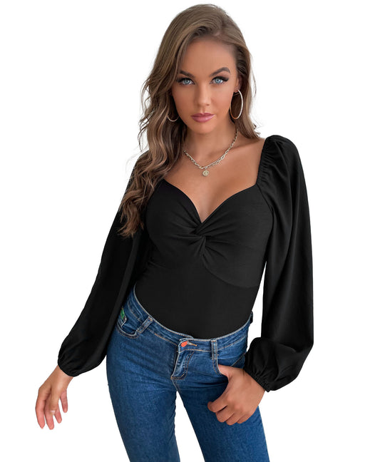 Damen Body mit eleganter Knötchen-Details und romantischen Puffärmeln EB