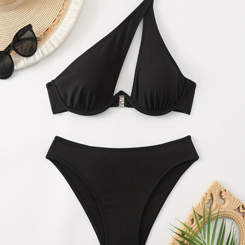 Damen Bikini-Set mit asymmetrischem Trägerdesign und unterstützendem Push-Up-Oberteil EB