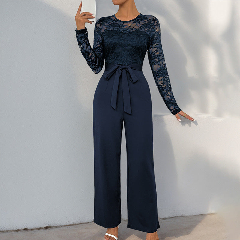 Damen Eleganter Jumpsuit mit Spitzenoberteil und tailliertem Bund EB