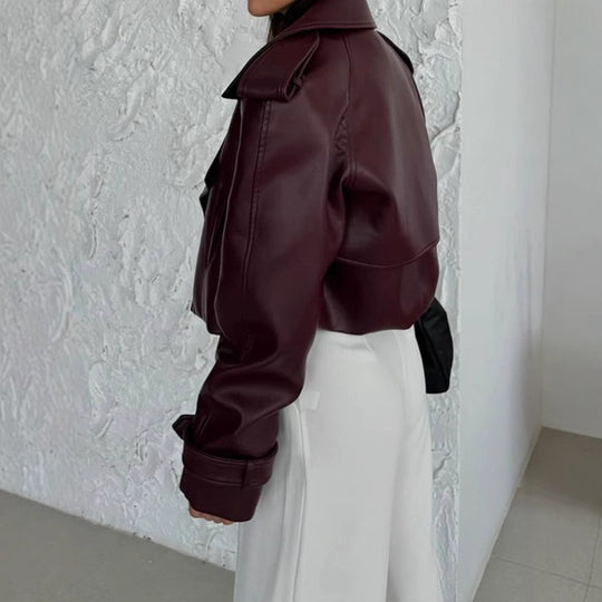 Damen Kunstlederjacke im modischen Biker-Stil mit breitem Revers EB