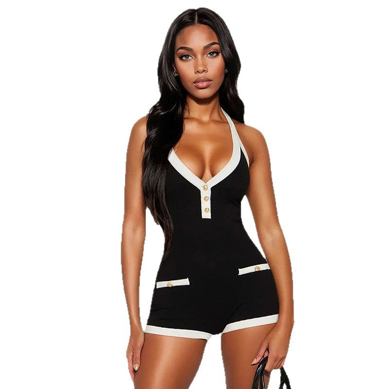Damen Playsuit mit tiefem V-Ausschnitt und dekorativen Knopfdetails EB