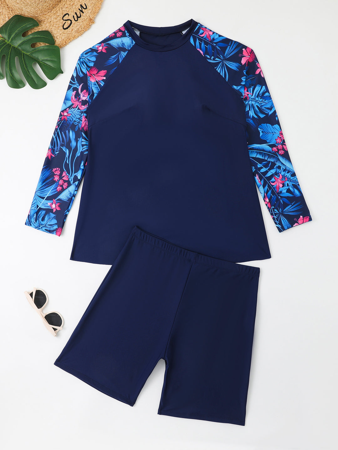 Damen UV-Schutz Surfanzug Set mit langen Ärmeln und farbenfrohem Blattmuster EB