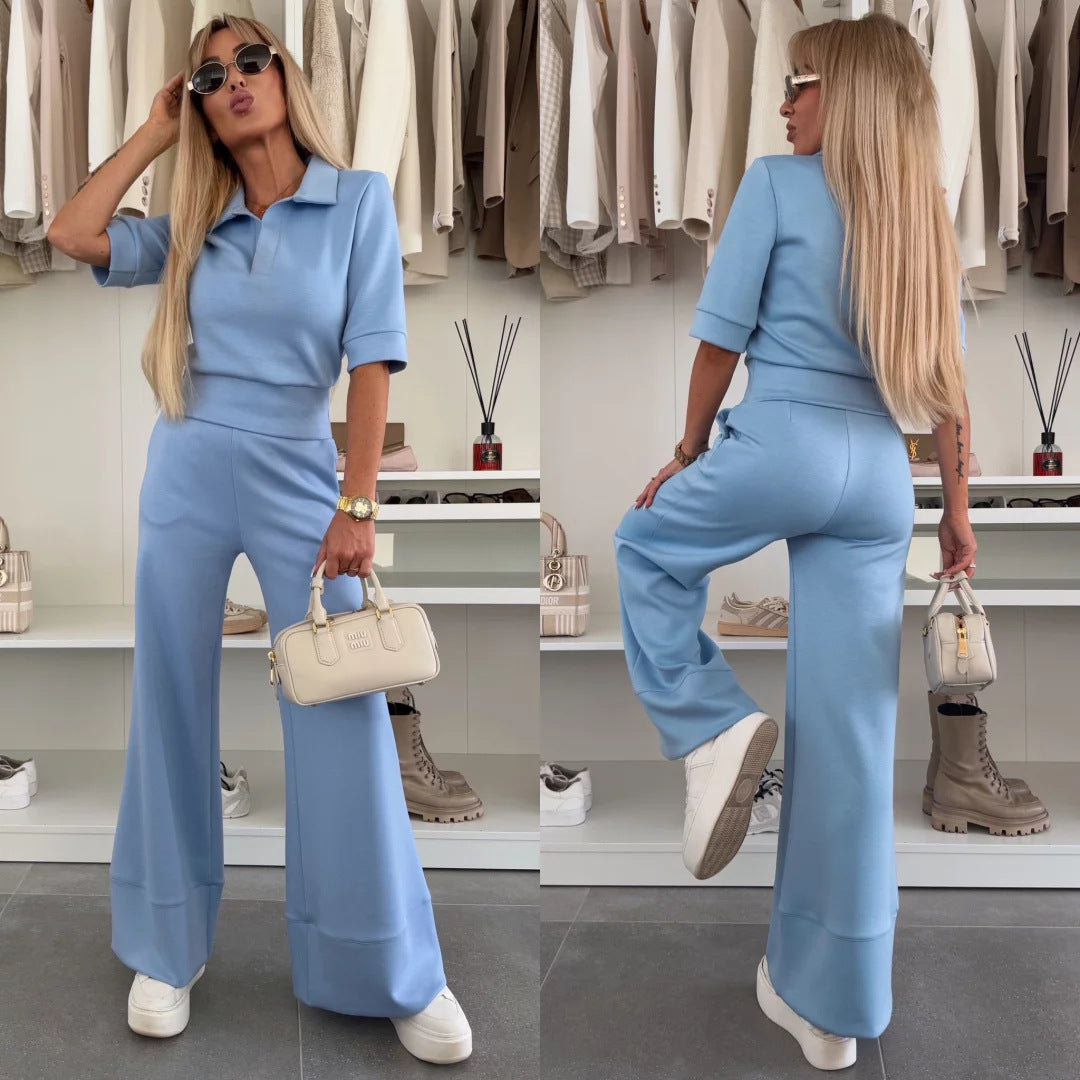 Damen Elegantes Scuba-Loungewear-Set mit Polokragen und taillenhoher Palazzo-Hose EB