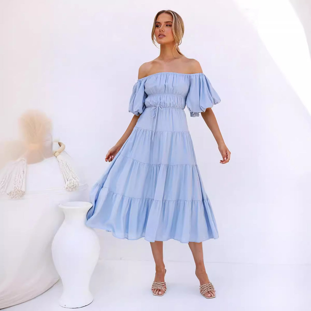 Damen Maxi Kleid mit ausgefallenem Off-Shoulder Design und voluminösen Ärmeln EB