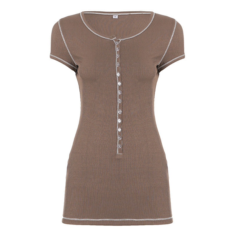 Damen figurbetontes Kurzarmshirt mit Knopfleiste und eleganter Rippstruktur EB