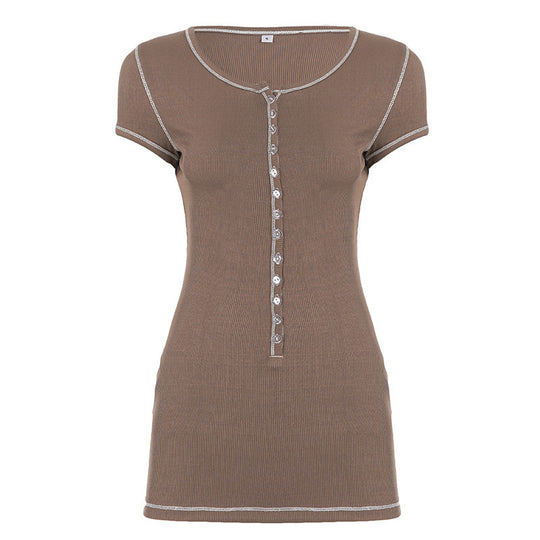 Damen figurbetontes Kurzarmshirt mit Knopfleiste und eleganter Rippstruktur EB