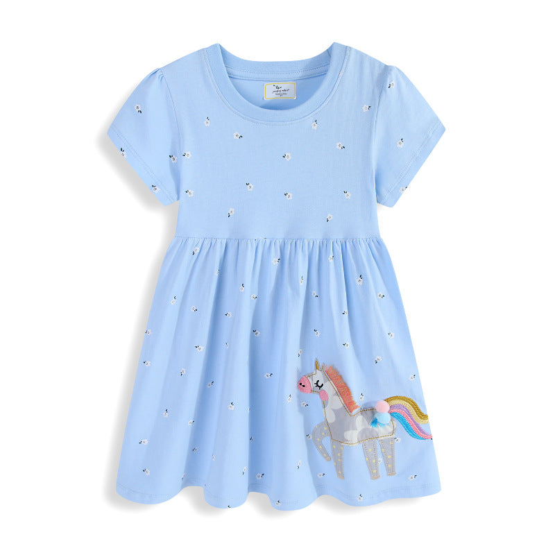 Mädchen Baumwollkleid mit süßer Einhorn-Stickerei EB