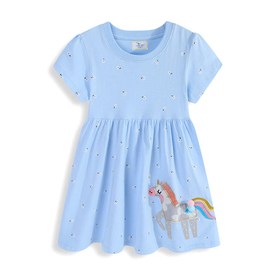 Mädchen Baumwollkleid mit süßer Einhorn-Stickerei EB
