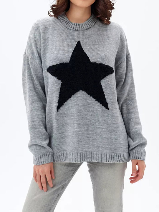 Damen Grobstrickpullover mit auffälligem Sternmotiv und lässigem Schnitt EB