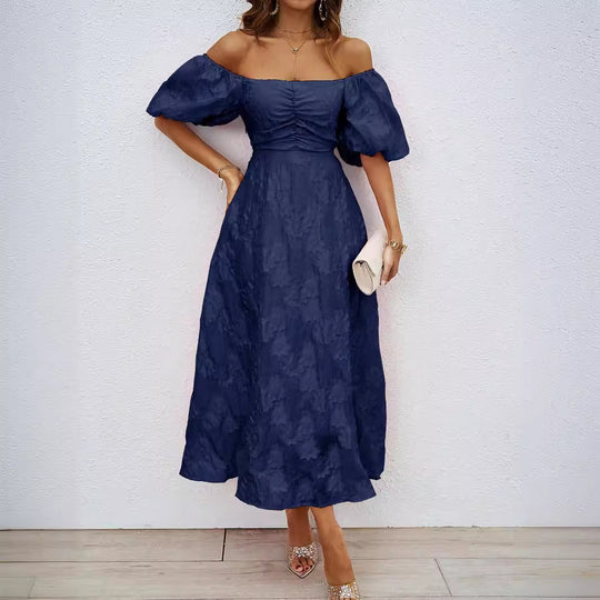 Damen Maxikleid mit schulterfreiem Design und voluminösen Puffärmeln EB