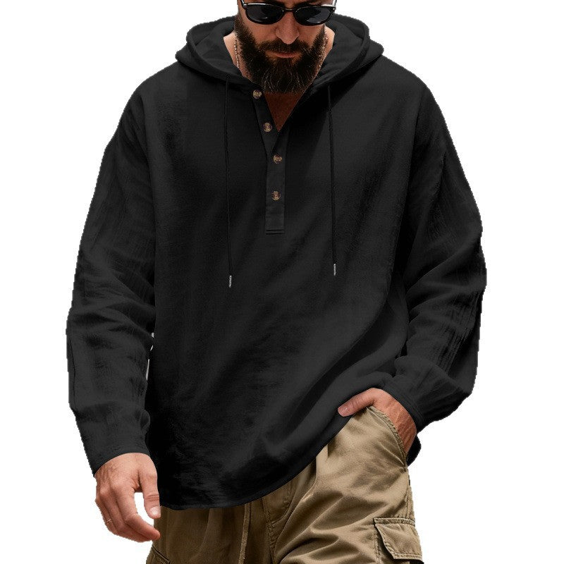 Herren nan Henley-Kapuzenpullover mit Knopfleiste und verstellbarem Kordelzug EB