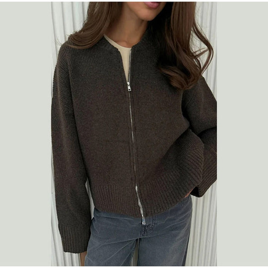 Damen lässige Strickjacke mit hohem Kragen und Reißverschluss EB