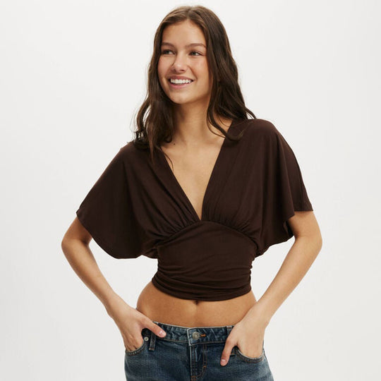 Damen elegantes Wickeloberteil mit voluminösenÄrmeln und tiefem V-Ausschnitt EB