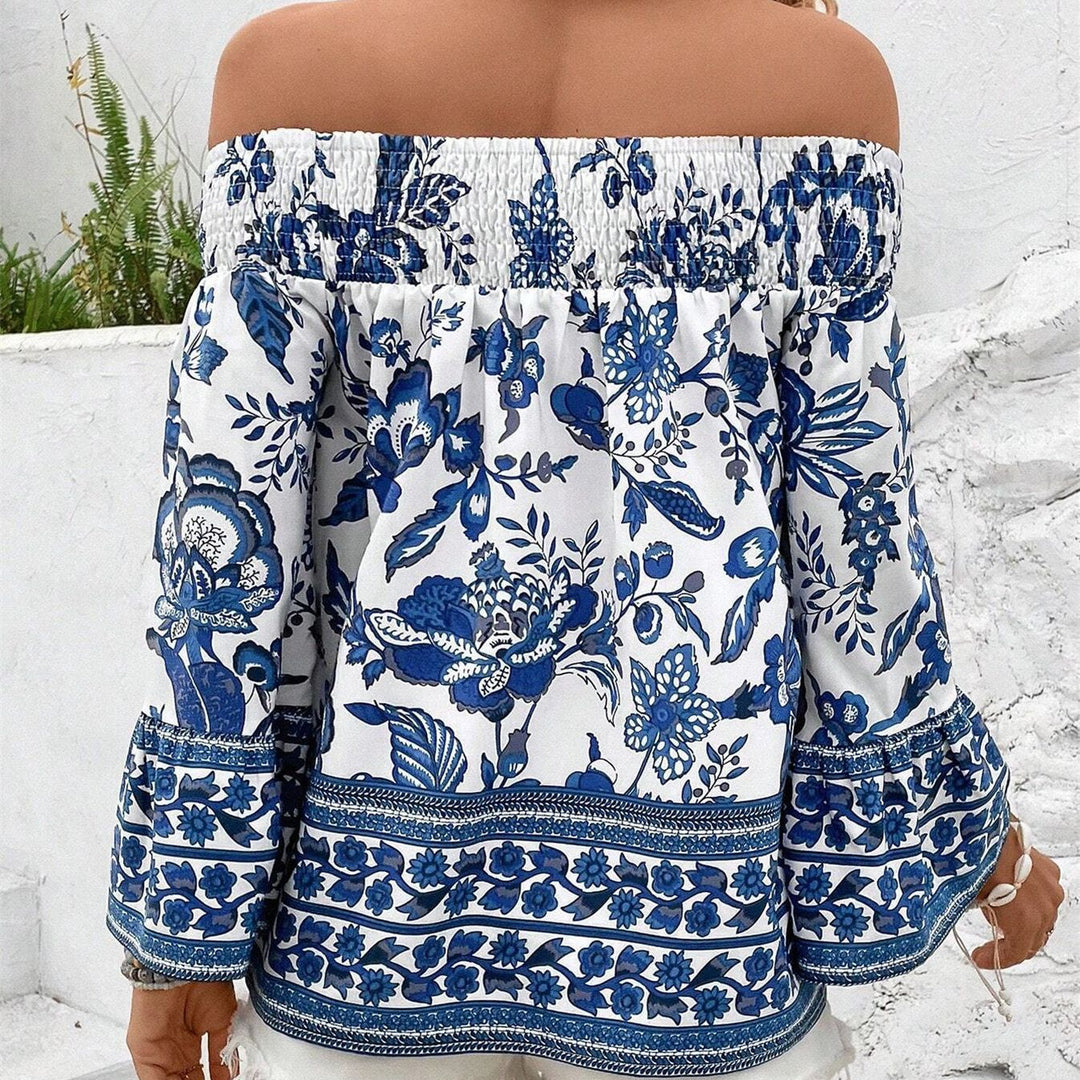 Damen Off-Shoulder Bluse mit floralen Mustern und elastischem Bündchen EB
