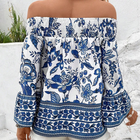 Damen Off-Shoulder Bluse mit floralen Mustern und elastischem Bündchen EB