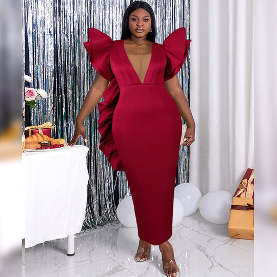 Damen figurbetontes Kleid mit voluminösen Rüschenärmeln und tiefem V-Ausschnitt EB