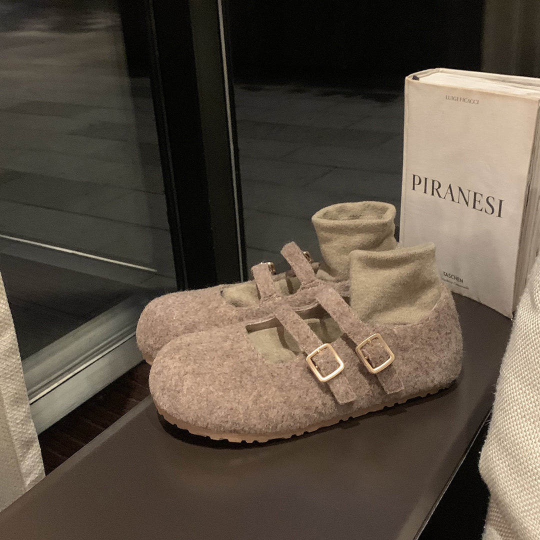 Damen Filzhausschuhe mit verstellbarem Riemen und komfortablem Fußbett EB
