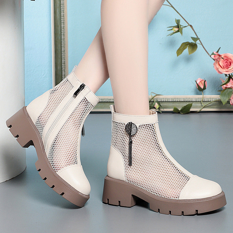 Damen Mesh-Stiefeletten mit robustem Blockabsatz und elegantem Schmuckdetail EB