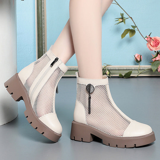 Damen Mesh-Stiefeletten mit robustem Blockabsatz und elegantem Schmuckdetail EB
