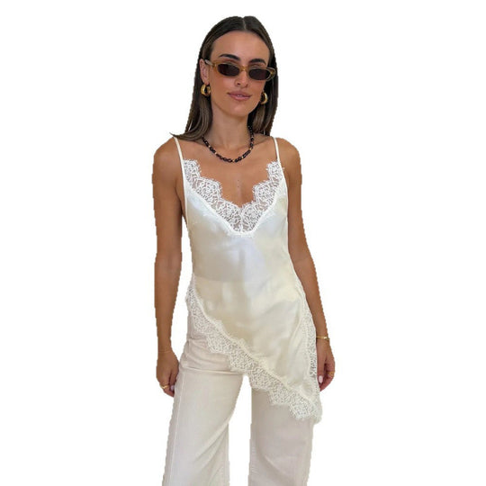 Damen Satin Top mit Spitzenverzierungen EB