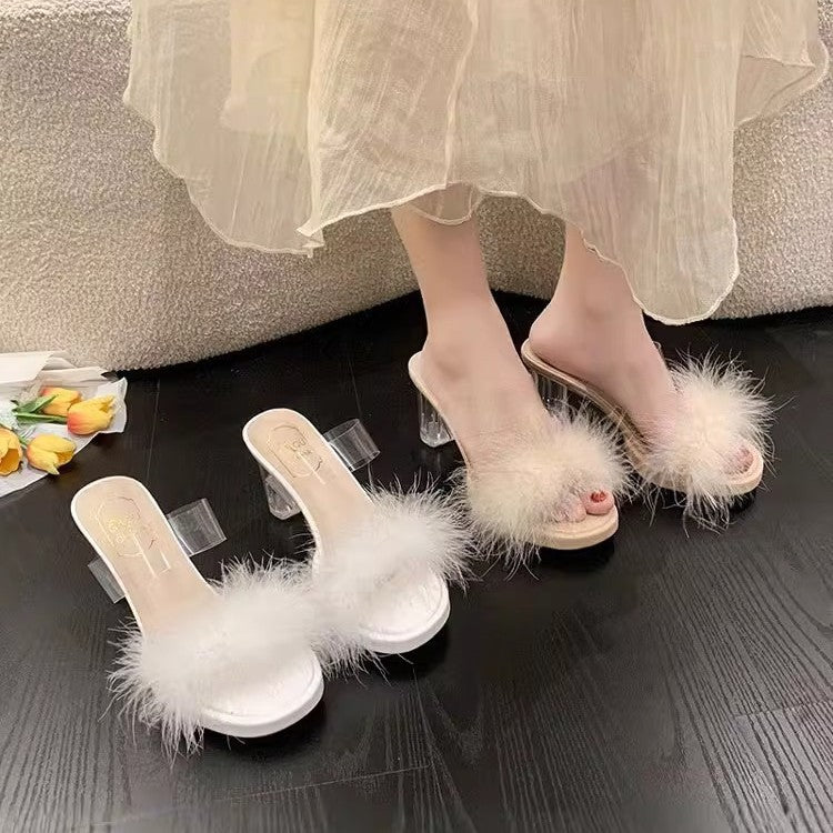 Damen elegante Mules mit transparentem Blockabsatz und feiner Fellverzierung EB