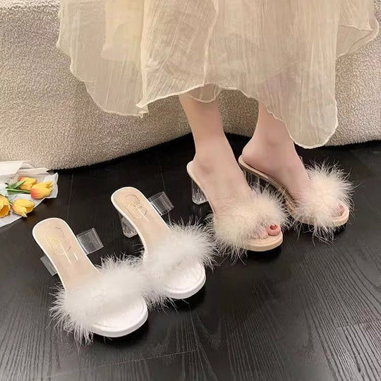 Damen elegante Mules mit transparentem Blockabsatz und feiner Fellverzierung EB