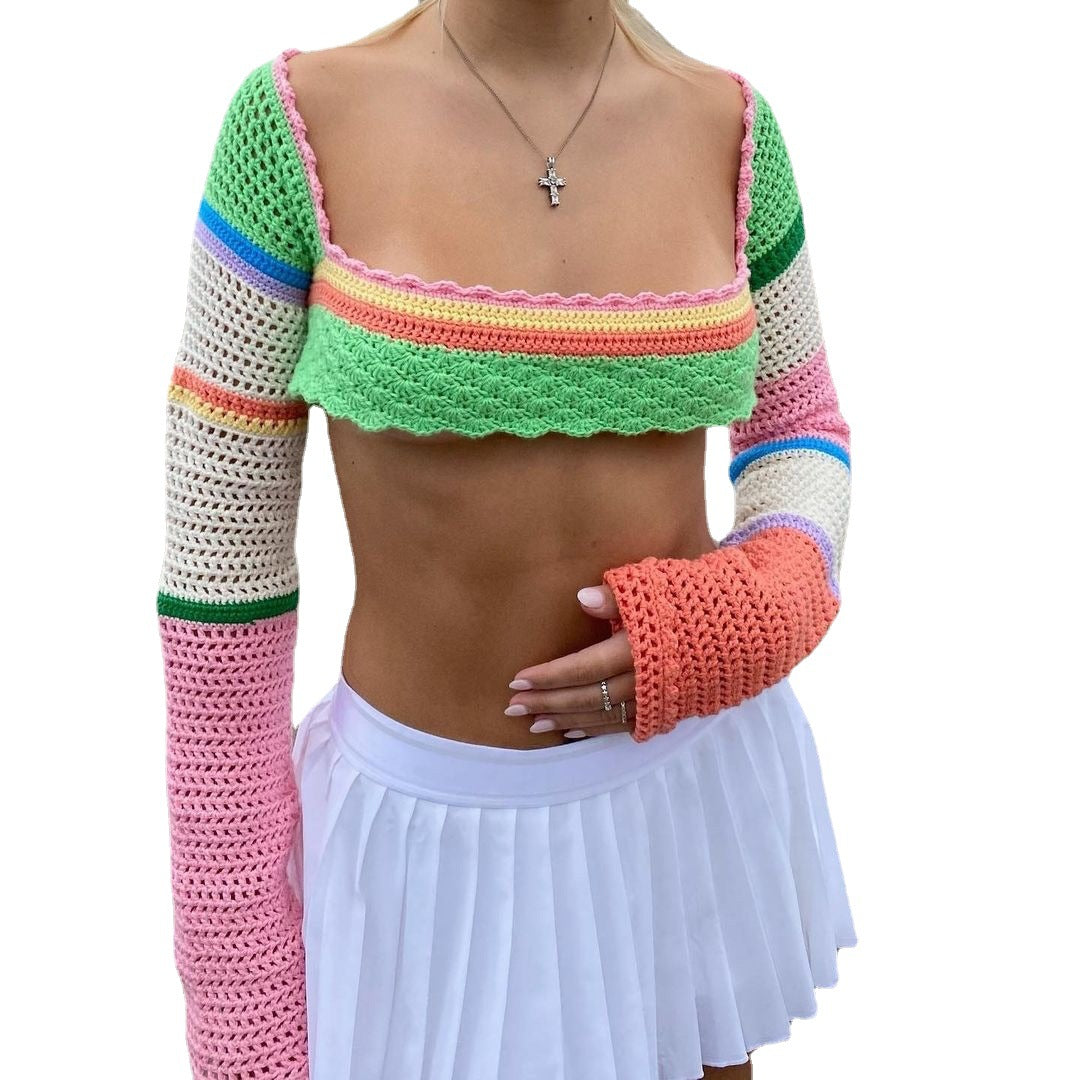 Damen gehäkeltes Crop-Top mit langem Arm und bunten Streifen EB
