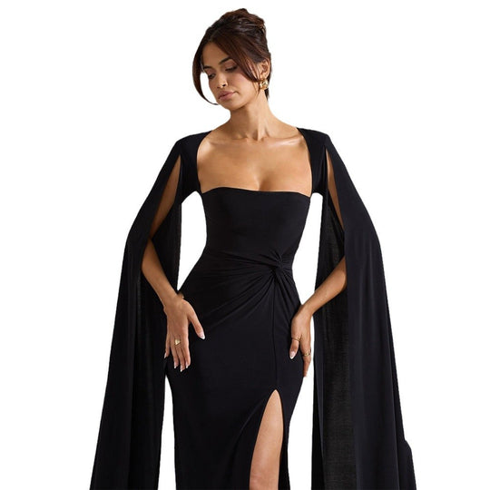 Damen Elegantes Maxikleid mit abnehmbarem Cape und seitlichem Schlitz EB