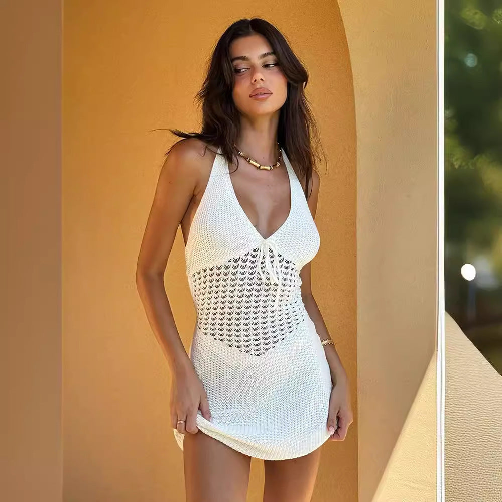 Damen lässiges Häkelkleid mit tiefem V-Ausschnitt EB