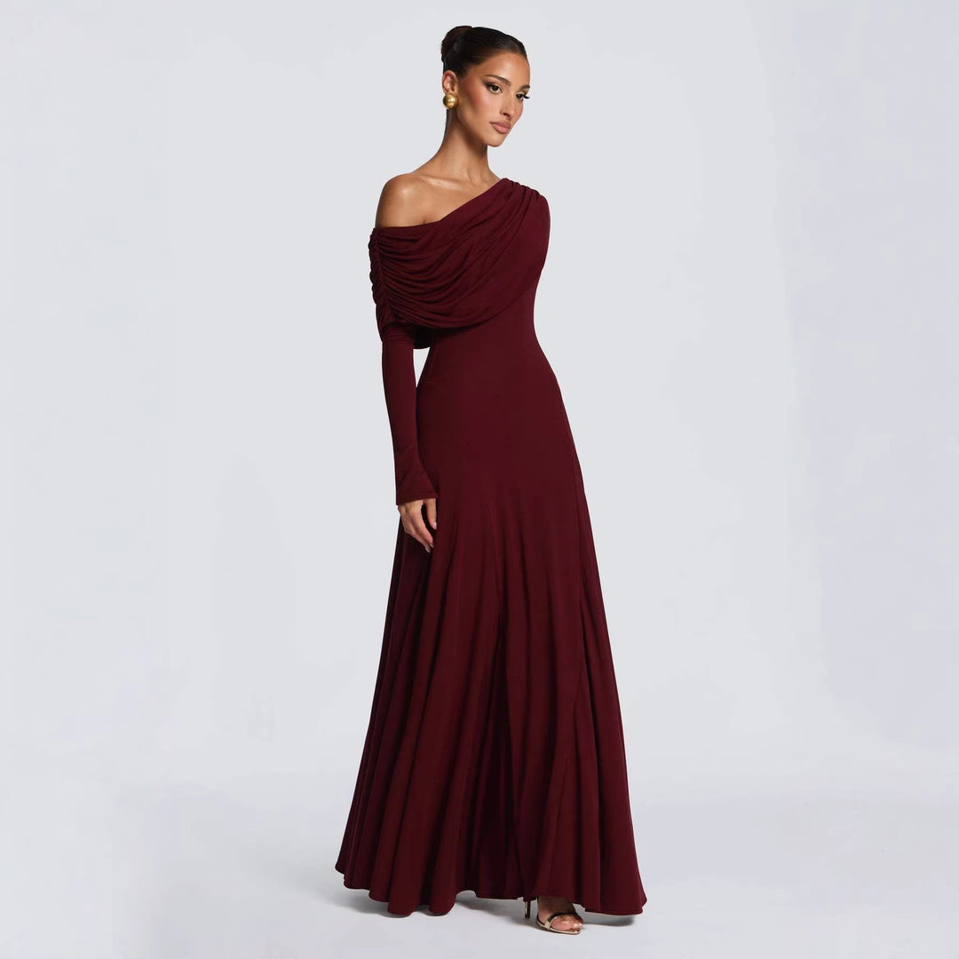 Damen Elegantes Langarm-Maxikleid mit asymmetrischem Drapierungsdetail EB