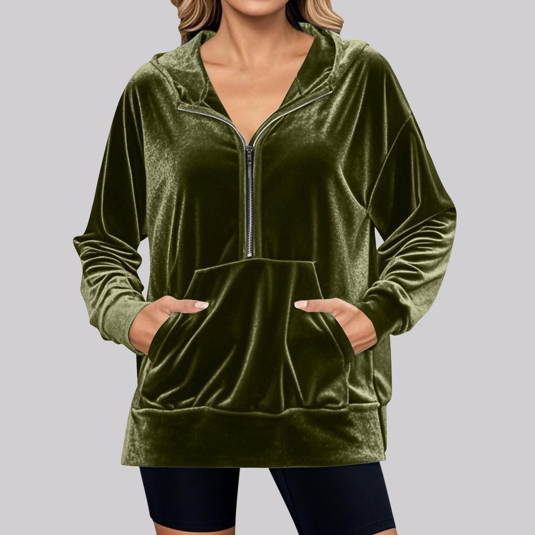 Damen Lässiger Velvet Hoodie mit praktischem Reißverschluss und Kängurutasche EB