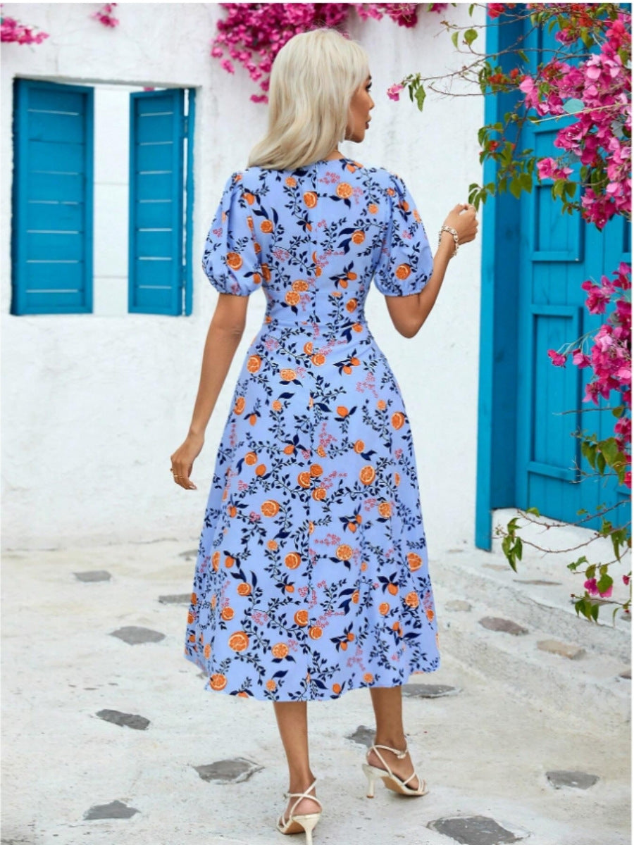 Damen Maxikleid mit durchgehendem Blumendruck und elegantem V-Ausschnitt EB