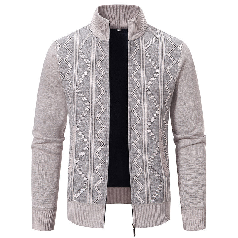 Herren elegante Strickjacke mit strukturiertem Zopfmuster und hohem Kragen EB