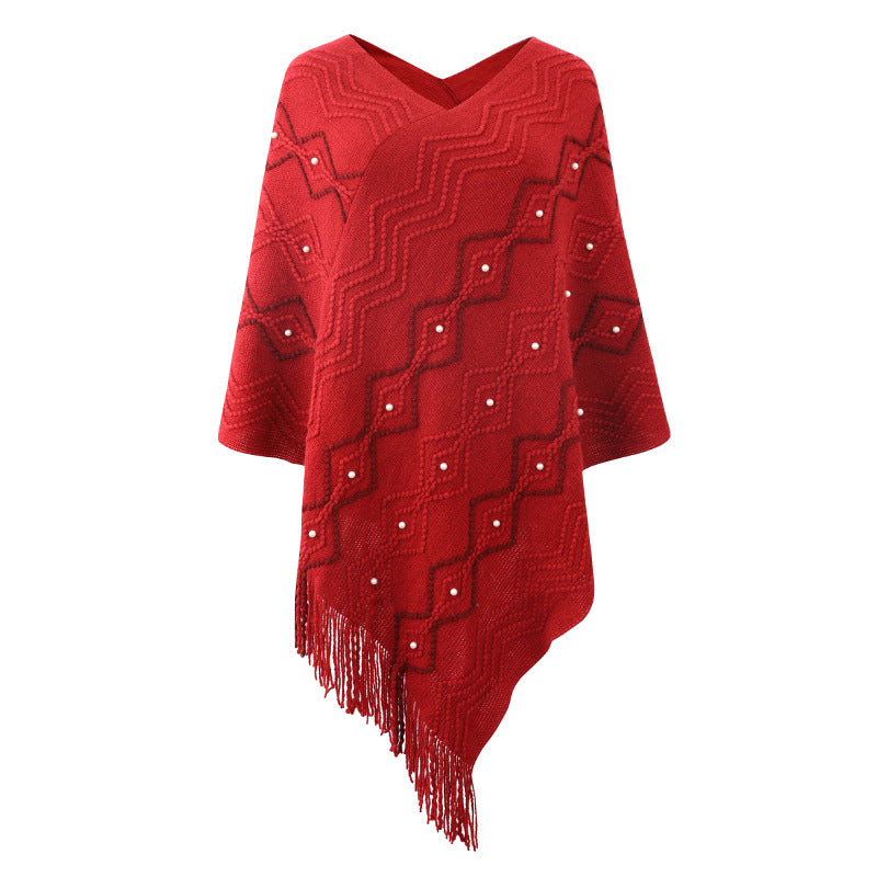 Damen eleganter Poncho mit auffälligem Strukturmuster und dekorativen Fransen EB