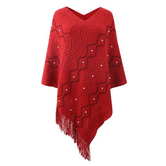 Damen eleganter Poncho mit auffälligem Strukturmuster und dekorativen Fransen EB